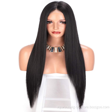 Vigorous Hot Selling In Stock Long Black Silky Straight Wave Middle Part Natural Hairline For Black Women Synthetic Hair Wigs